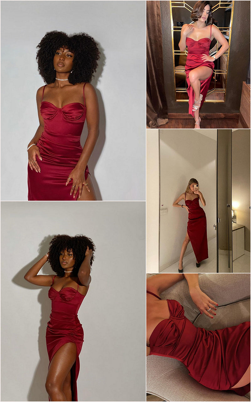 sixsr High Side Split Satin Dresses Women Spring Sexy Sleeveless Backless Party Outfit Solid Bodycon Black Evening Dress