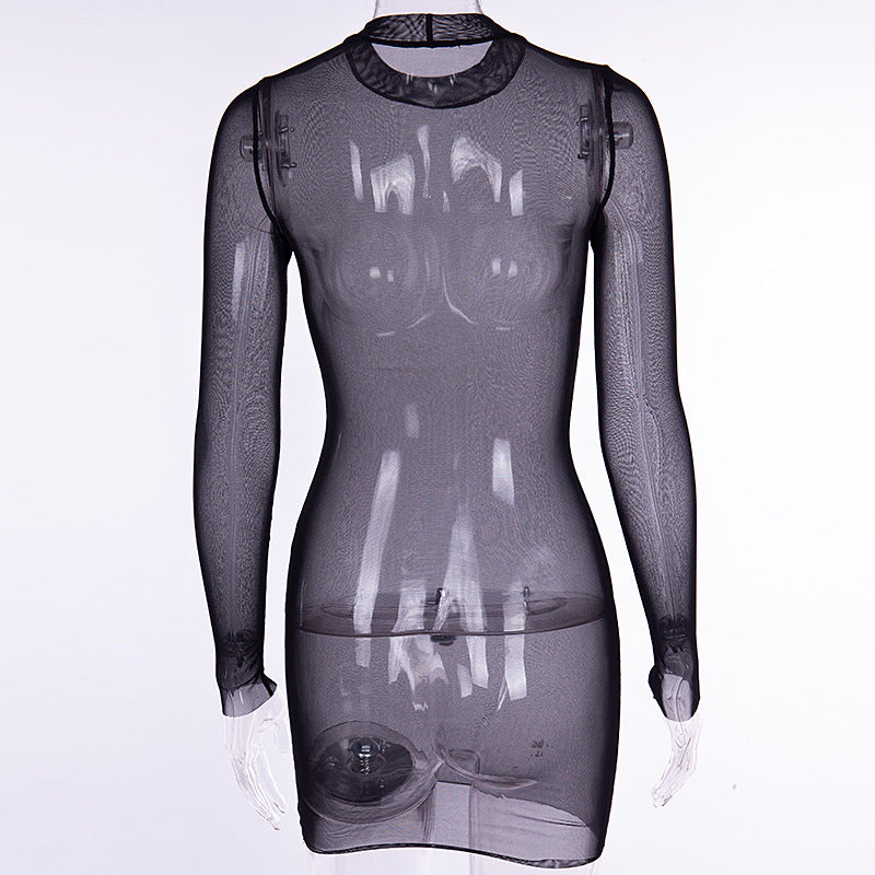 sixsr Summer Outfits Fashion Trends Sexy Women Dress Mesh See-through Long Sleeves Dress Slim Tight Backless Dress Party Clubwear Female Mini Dresses Black
