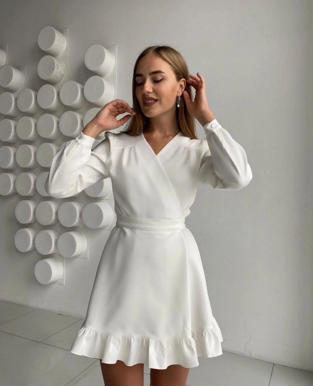 sixsr Casual Ruffle Mini Dress Ladies Elegant Long Sleeve V-Neck Party Dress New Fashion Solid Sweet Spring Dresses Women Clothes