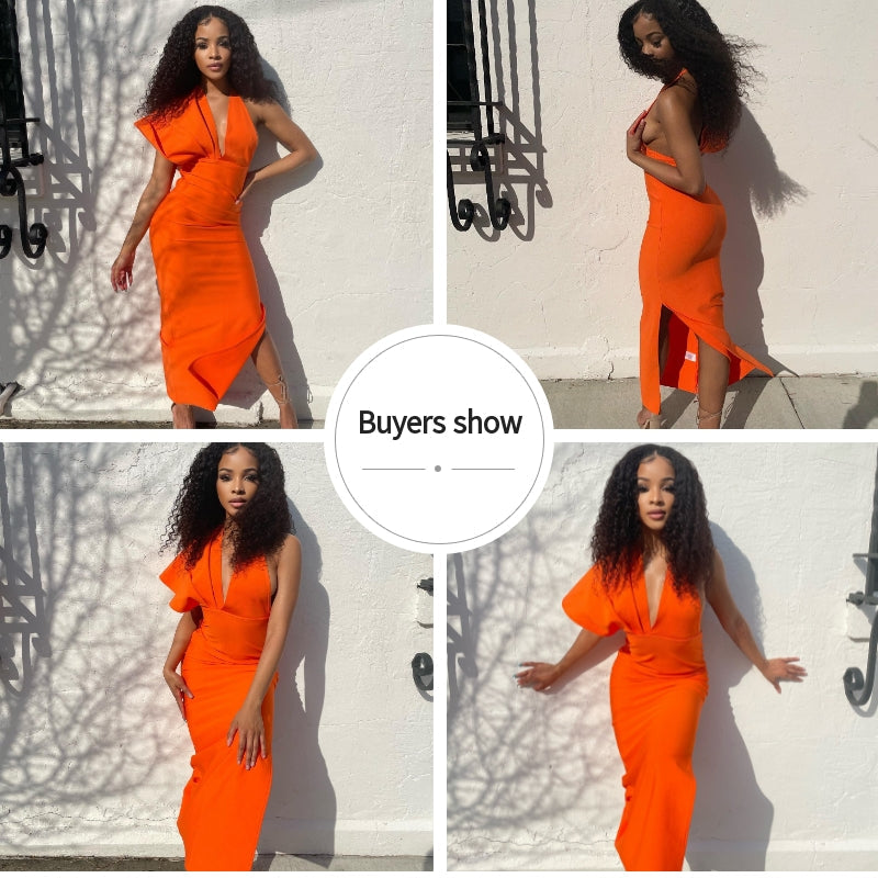 Fashion Trends Draped Backless Women Side Split Evening Club Party Dress New Sexy V Neck Orange Black Long Bandage Dress Vestidos