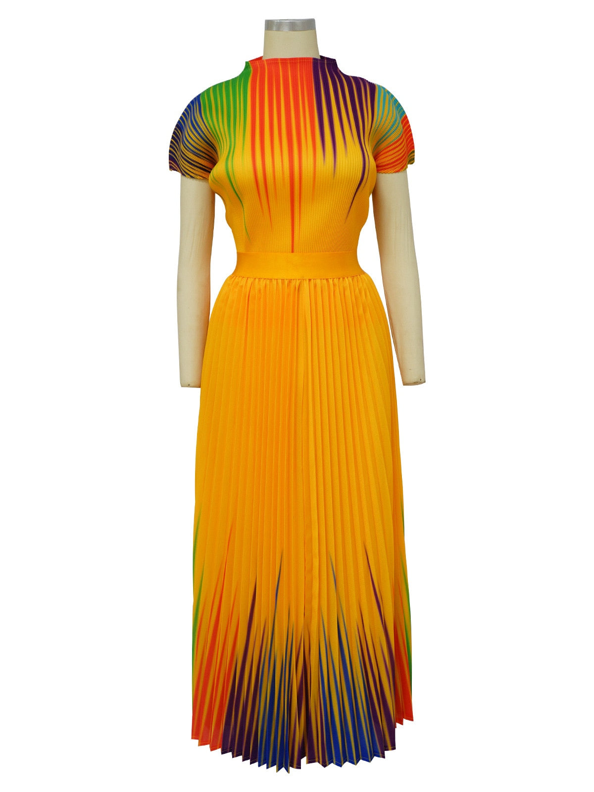 Long Pleated Dress Sets Women 2 Piece Outfits Summer Short Sleeve Gardient Print Swing Skirt Set Elegant Casual New In