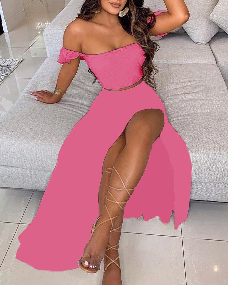 sixsr Off Shoulder Women Two Piece Set Sexy Slash Neck Top and Slit  Summer Long Party Dress Suits Spring Floral Print Skirts Sets