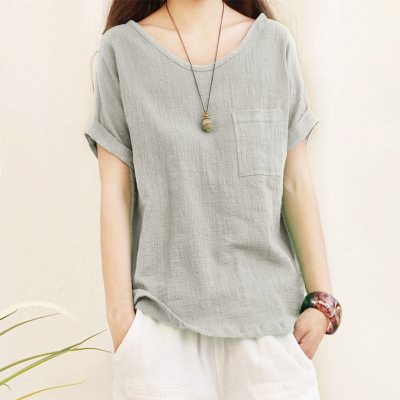 Green Loose Cotton Linen Blouse Oversize 5XL Blouses Women Summer Shirts Casual Short Sleeve O Neck Solid Shirt Lady Tops