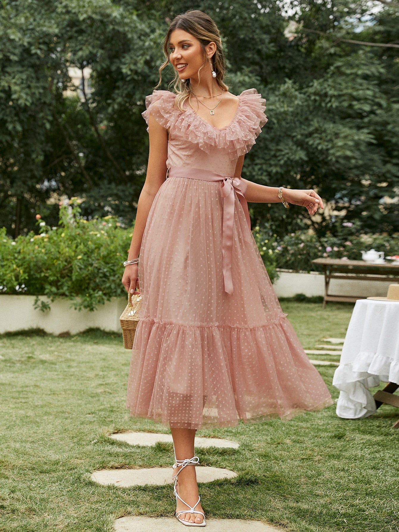 sixsr Fashion Trends V-neck mesh polka dot summer tulle party dress women Backless pink ruffle sleeveless dresses Elegant sash maxi vestido