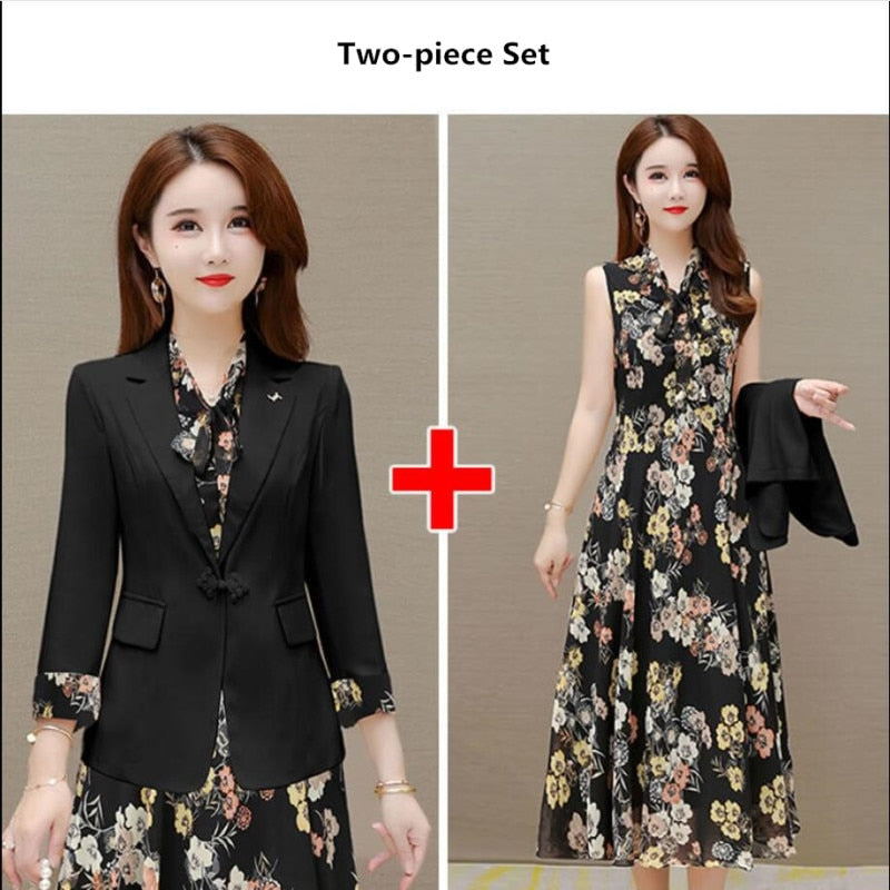 sixsr Spring Autumn New Suit Jacket Dress Two-piece Women's Elegant Blazers Floral Long Skirt Set Female Office Professional Wear