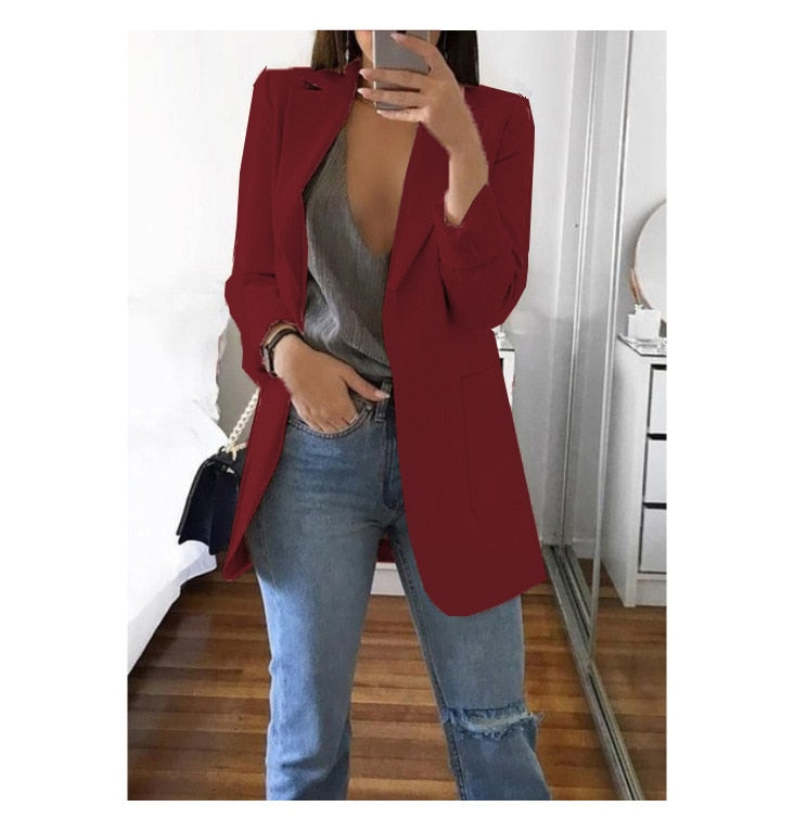 Fashion Korean Casual Women's Blazer Spring Autumn Long Blazer Women Suit Outwear Slim Coats Office Ladies Blazer Work Jacket