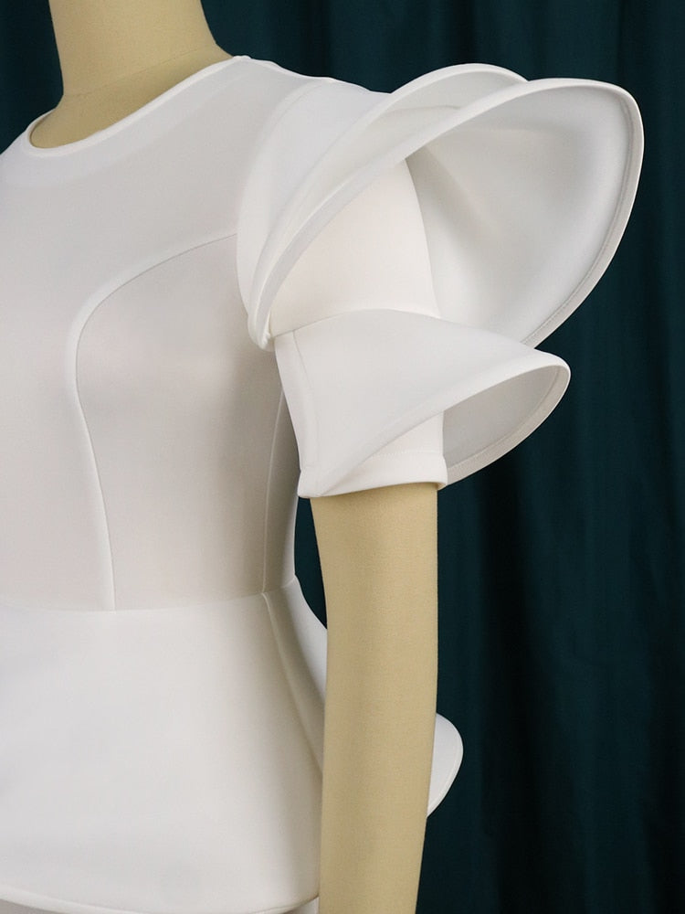 Women White Party Dresses Stylish Short Sleeves Ruffles Peplum Bodycon Christmas Event Birthday Wedding Guest Female Large Size