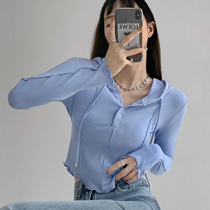 Crop Tops Fashion T-shirts for Women Hooded Sweatshirt Long Sleeve Tees Y2k Clothes Korean Casual Woman Tshirts Ropa Mujer