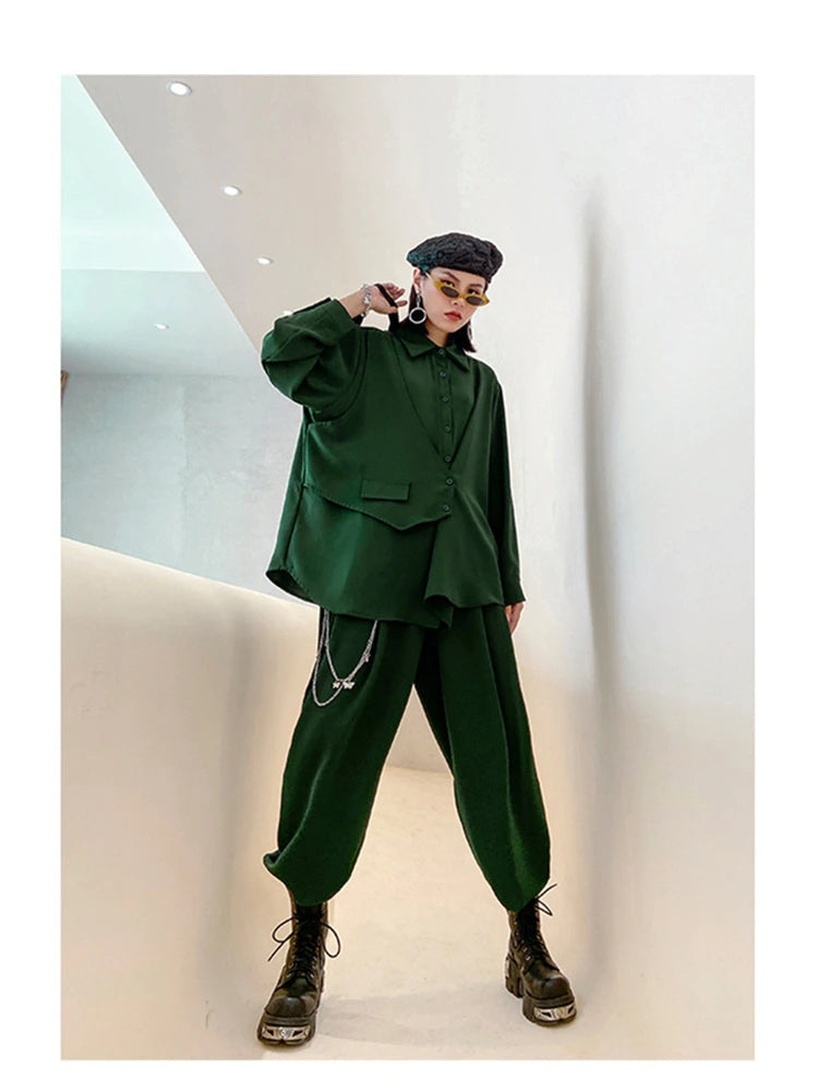 sixsr Wide Leg Pants Irregular Big Size Two Piece Suit New Lapel Long Sleeve Loose Fit Women Fashion Spring Autumn