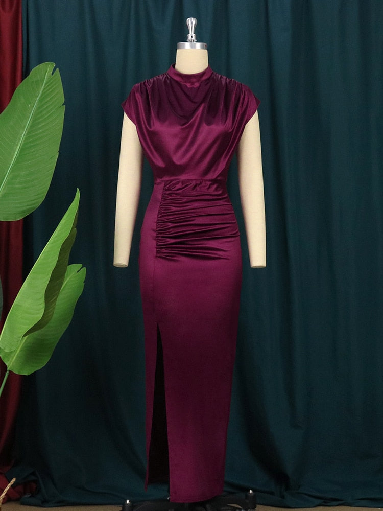 sixsr Women Dress Pleated Long Wine Red Elegant Slit High Collar Slim Fit Sleeveless Maxi Robes Female Shiny Gowns Party  Spring