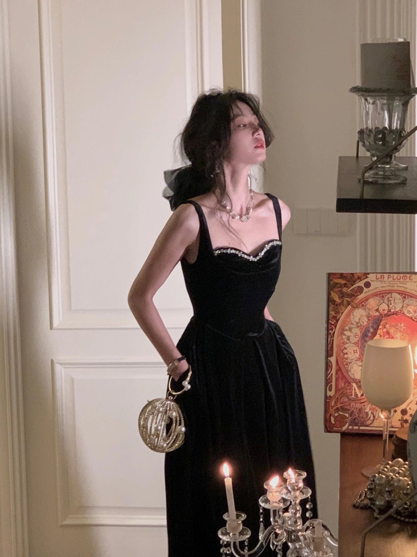 Summer New Elegant Spaghetti Strap Velvet Vintage Black Dress Women Sexy Prom Evening Party Fashion Clothing