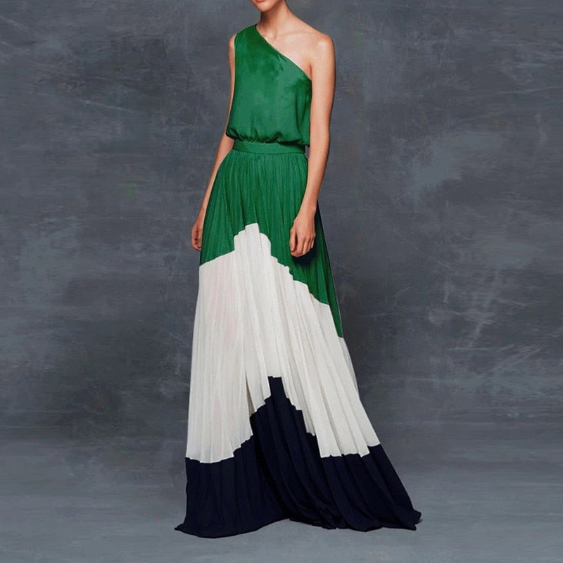 sixsr Summer Black Patchwork Inclined Off One Shoulder Women Dresses Contrast Color High Street Night Club Long Party Dress Clothing