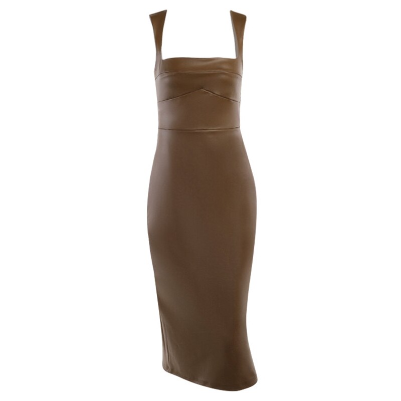 Sleeveless Leather Bodycon Midi Dress Women Summer Sexy Fashion Clothes Elegant Party Evening Nightclub Slim Long Dresses