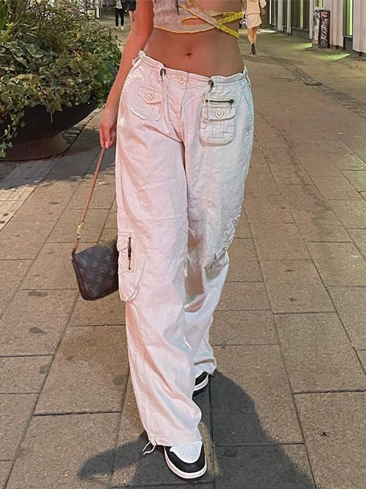 Sixsr Women Spring Fashion Multi Pockets White Cargo Pants Women Adjustable Low Waist Baggy Wide Leg Jeans Oversized Casual Trousers Retro Bottoms Iamhotty