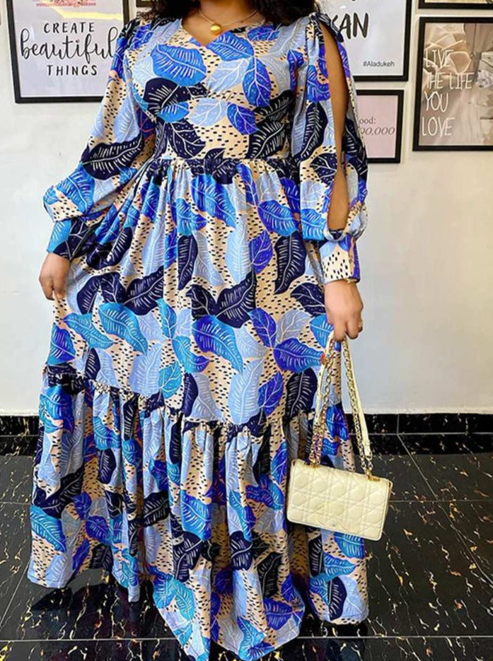 Summer Party Long Maxi Dress Women Long Sleeve Slit Vintage Printed Pleated Bohemian Beach Sundress Casual Vestido