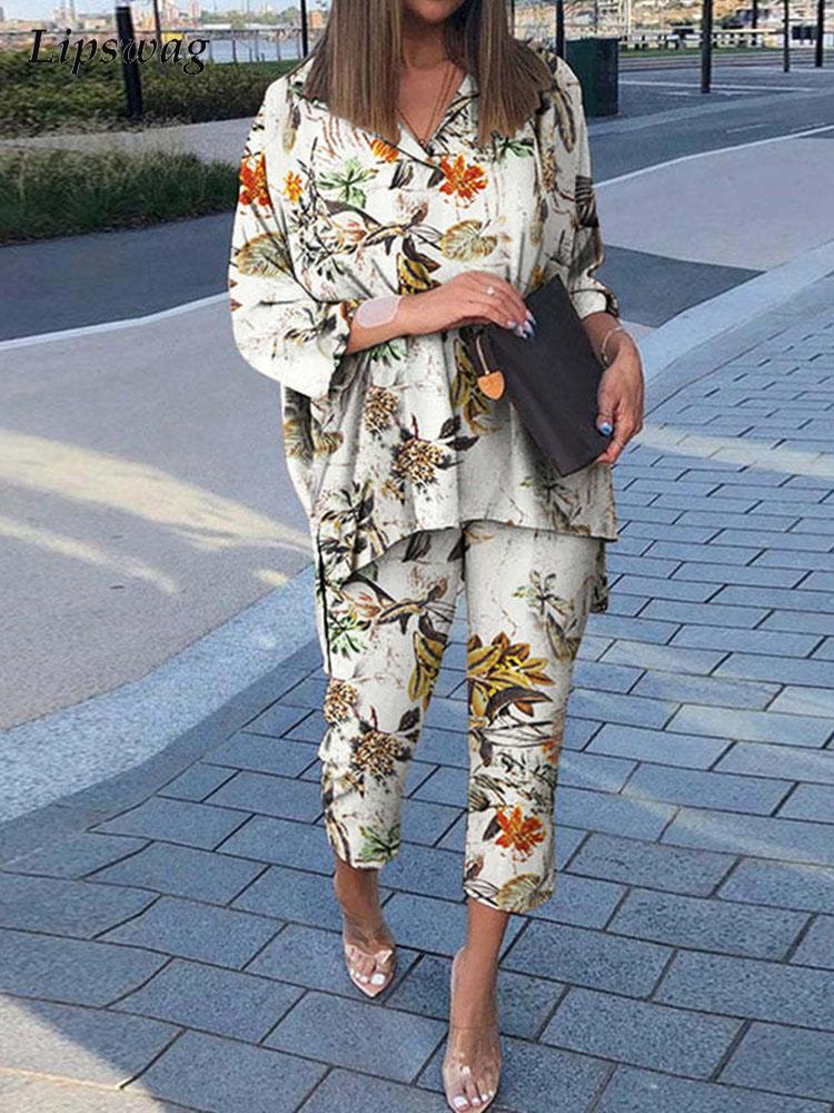 sixsr Summer Outfits Vintage Floral Print Casual Outfits Women Summer Long Sleeve Blouse And Pants Sets Cotton Linen Female Elegant Two Piece Suits