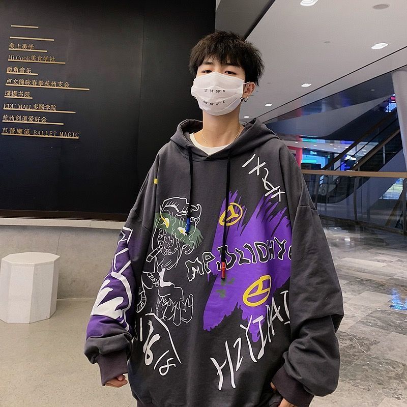 Sixsr Autumn and winter Korean style trend plus fleece hooded sweater men graffiti hip-hop all-match loose printed coat couple sweater