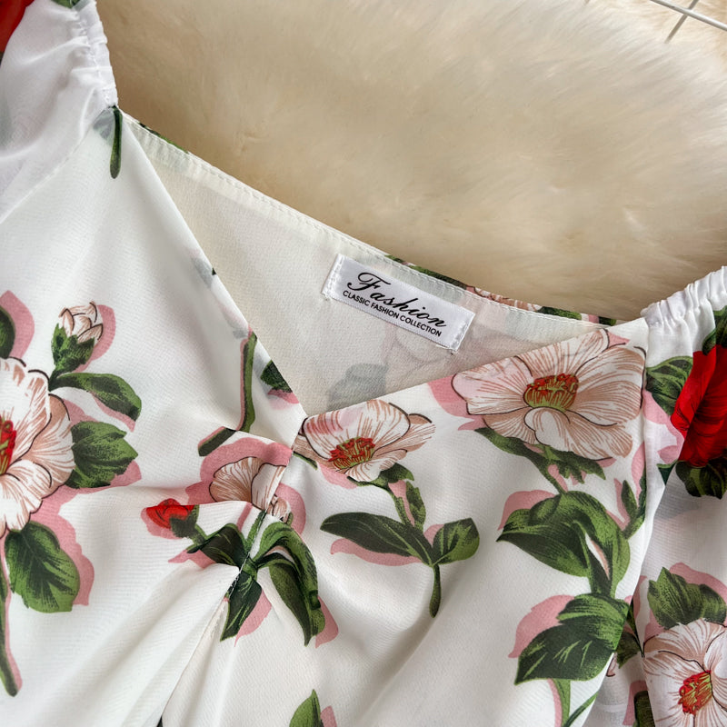 Sixsr Summer Outfits Ladies French Retro V-neck Floral Women Dress Elegant Draped Flowers Short Puff Sleeves Slim Fairy Mid-calf A-line Dress