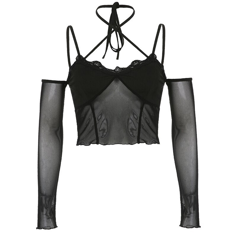 sixsr Hot Sell Slash Neck Sexy Black Mesh T-Shirts Women Lace Patchwork Rave Goth Clubwear Backless Halter Tie Up Spaghetti Strap Tops