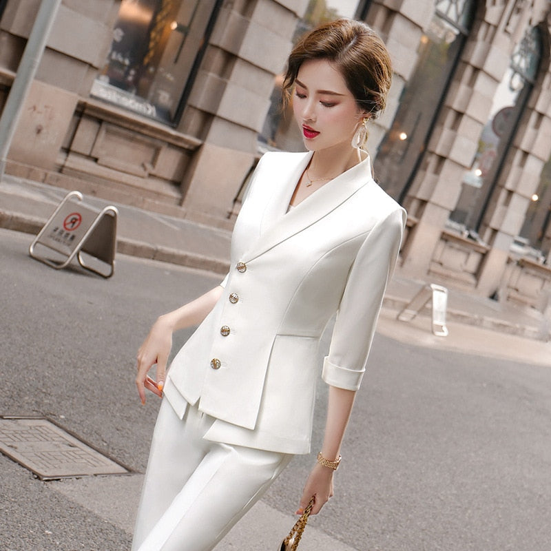 High Quality Casual Women's Suit Pants Two Piece Set New Summer Elegant Ladies White Blazer Jacket Business Attire