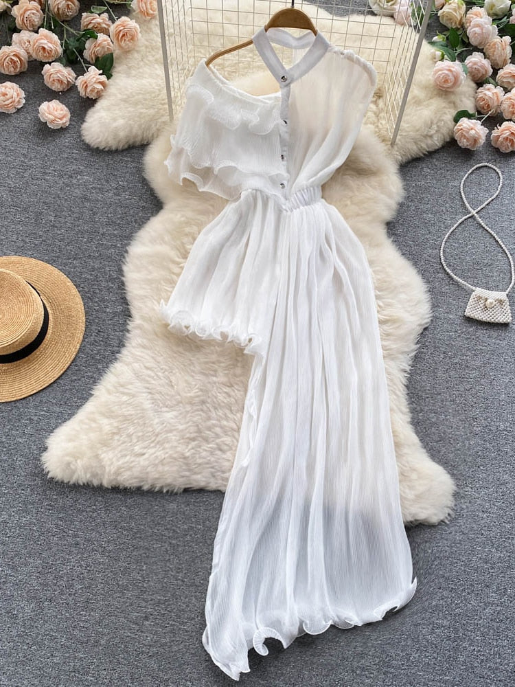 Summer Women Sexy Irregular Dress Elegant Female Ruffle Off Shoulder Slim High Waist Vestidos Green/White/Pink Robe New Fashion