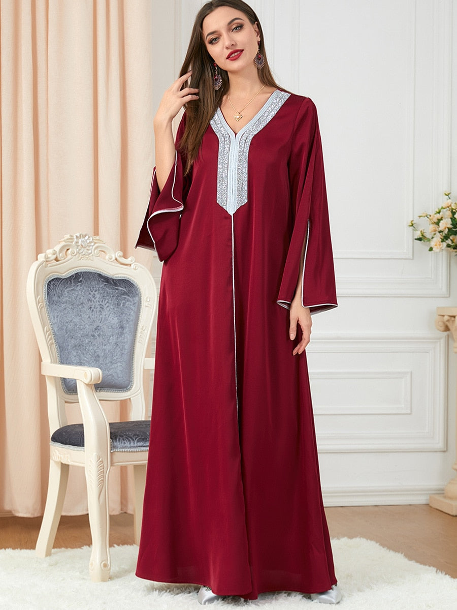 Morocco Party Dress Muslim Women Abaya Prayer Caftan V Neck Diamond Maxi Dresses Robe India Abayas Dubai Longue Vestidos Largos