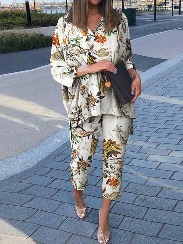 sixsr Summer Outfits Vintage Floral Print Casual Outfits Women Summer Long Sleeve Blouse And Pants Sets Cotton Linen Female Elegant Two Piece Suits