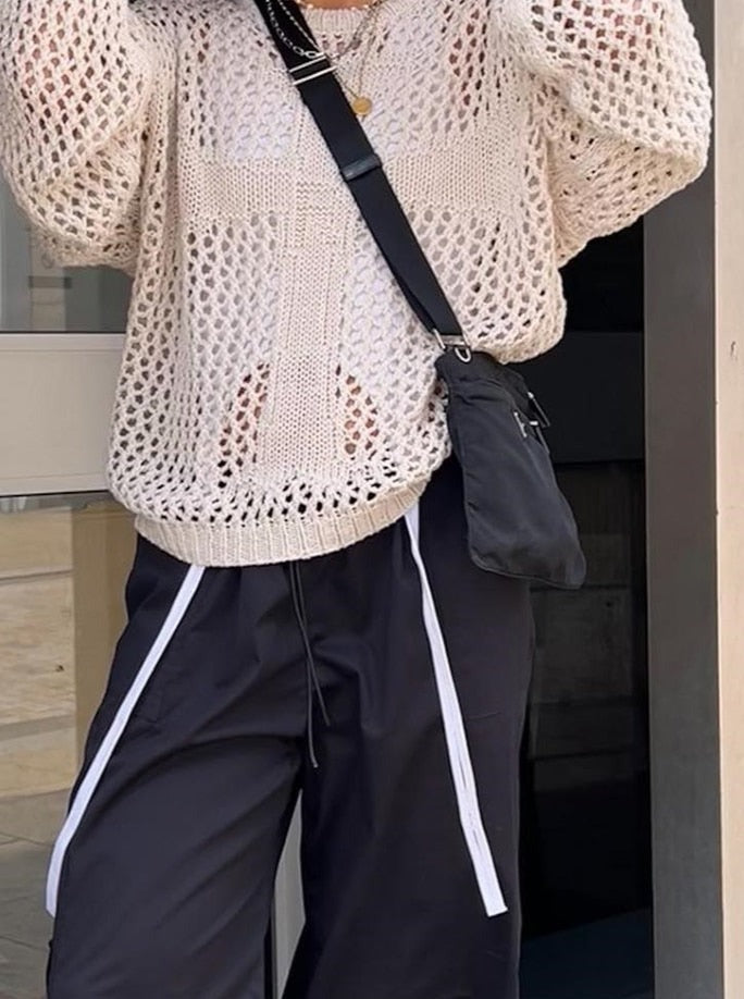 sixsr New Women's Fashion Y2K Harajuku Hollow Out Knit Pullovers Crewneck Vintage Top Fairycore Grunge Top Fashion Loose Retro Smock Sweater Summer Shirts