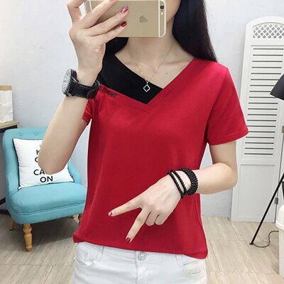 sixsr Fake Two Piece Tops Women T-Shirt Off Shoulder Tshirt Short Sleeve V-Neck Korea Fashion Summer Cotton Tee Shirt Femme
