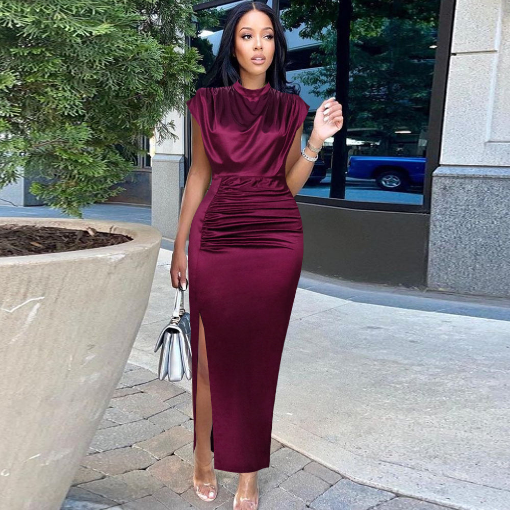 sixsr Women Dress Pleated Long Wine Red Elegant Slit High Collar Slim Fit Sleeveless Maxi Robes Female Shiny Gowns Party  Spring