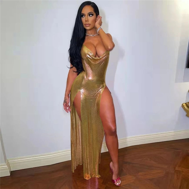sixsr Sexy Glitter Metallic Off Shoulder Evening Dresses Women Night Party Festival Outfits Backless Side Split Long Dress Clubwear
