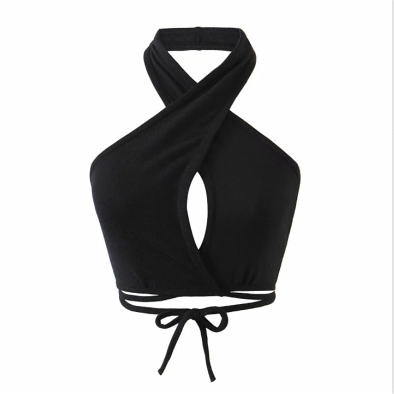 Women Summer Tank Tops Sexy Solid Color Cross Halter Neck Hollow Out Camisole Tie Backless Bandage Cropped Bustier Vest