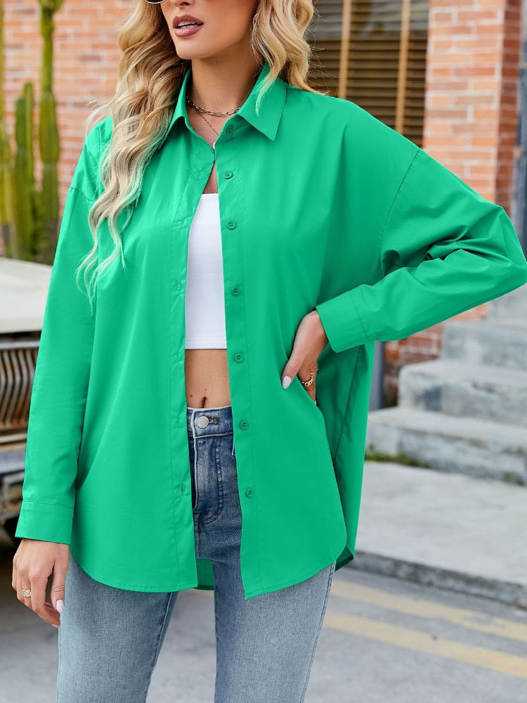 Women's Cotton Shirt Blouse Women Elegant Spring Candy Colors Basic Top Turn-down Collar Long Sleeve Solid Button Blouses