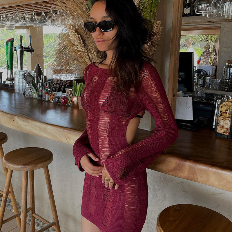 sixsr Fashion Trends Round Collar See Through Dress Women Sexy Long Sleeve Elegant Beachwear Hollow Out Backless Knitted Female Dress Summer