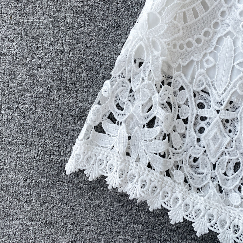 Sixsr Women Elegant Hollow Out Lace Dress Office Lady Summer Solid O-Neck Button up Sashes Midi Dress Female Chic Short Sleeve Dress