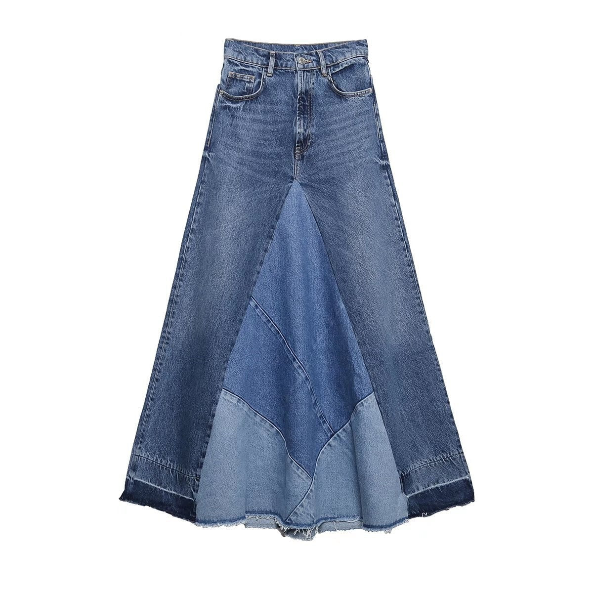 Women Fashion Denim Blue Skirts Highstreet Patchwork High Waist Midi Skirts A-Line Design Female Bottoms