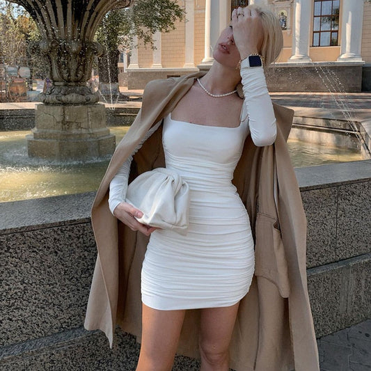 sixsr Hot Sale White Long Sleeve Dress For Women Black Vestido de Mujer Robe Femme Autumn Spring Ruched Elegantes Bodycon Dresses