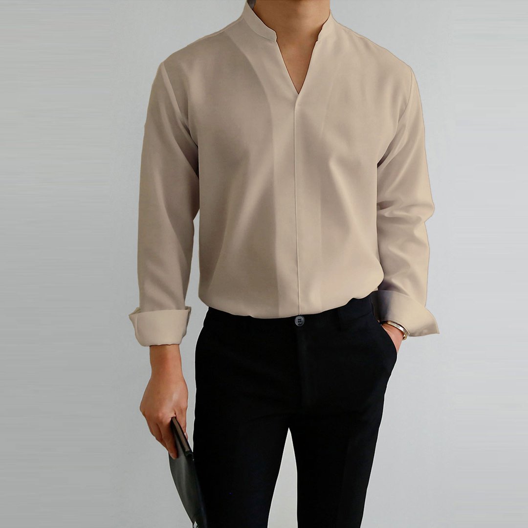 Sixsr New Fashion V-Neck Solid Shirts Men Shirt Smart Casual Clothes Spring Summer Long Sleeve Tees Tops Men Loose Pullover Streetwear