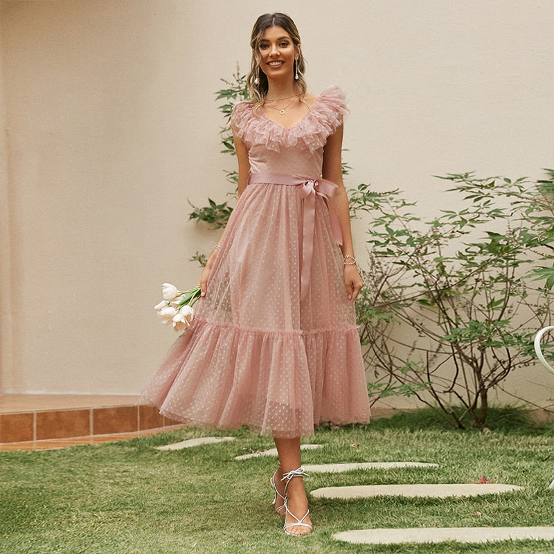 sixsr Fashion Trends V-neck mesh polka dot summer tulle party dress women Backless pink ruffle sleeveless dresses Elegant sash maxi vestido