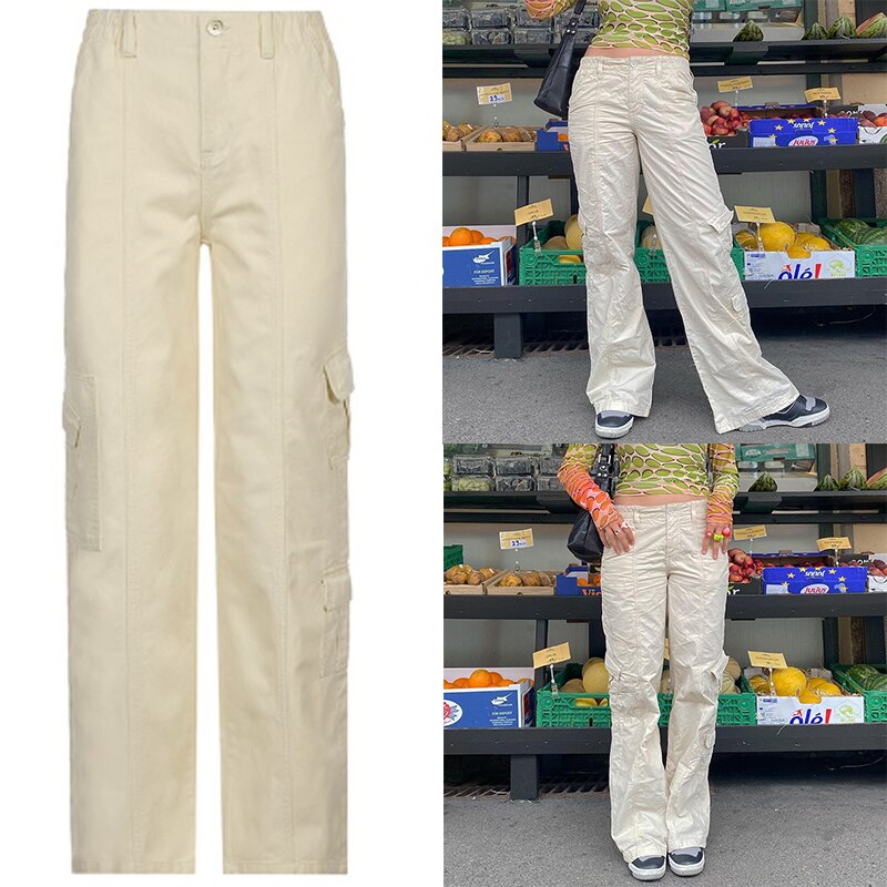 Sixsr Women Spring Fashion Multi Pockets White Cargo Pants Women Adjustable Low Waist Baggy Wide Leg Jeans Oversized Casual Trousers Retro Bottoms Iamhotty