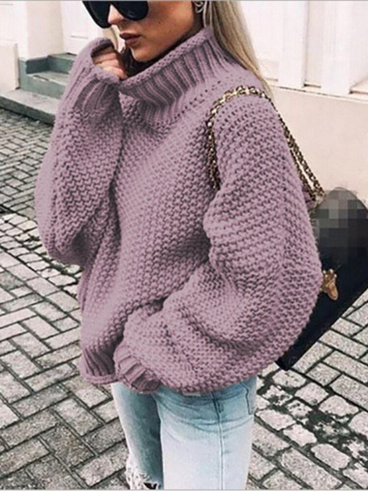 sixsr Womens Fall Fashion Sweater Women Autumn/Winter Turtleneck Doll Sleeve Loose Knit Sweater Fashion Women's Top Sweaters High Quality Thermal