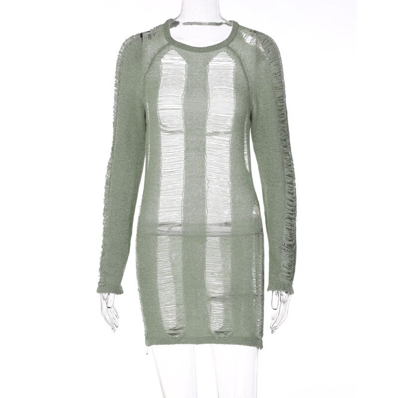 sixsr Fashion Trends Round Collar See Through Dress Women Sexy Long Sleeve Elegant Beachwear Hollow Out Backless Knitted Female Dress Summer