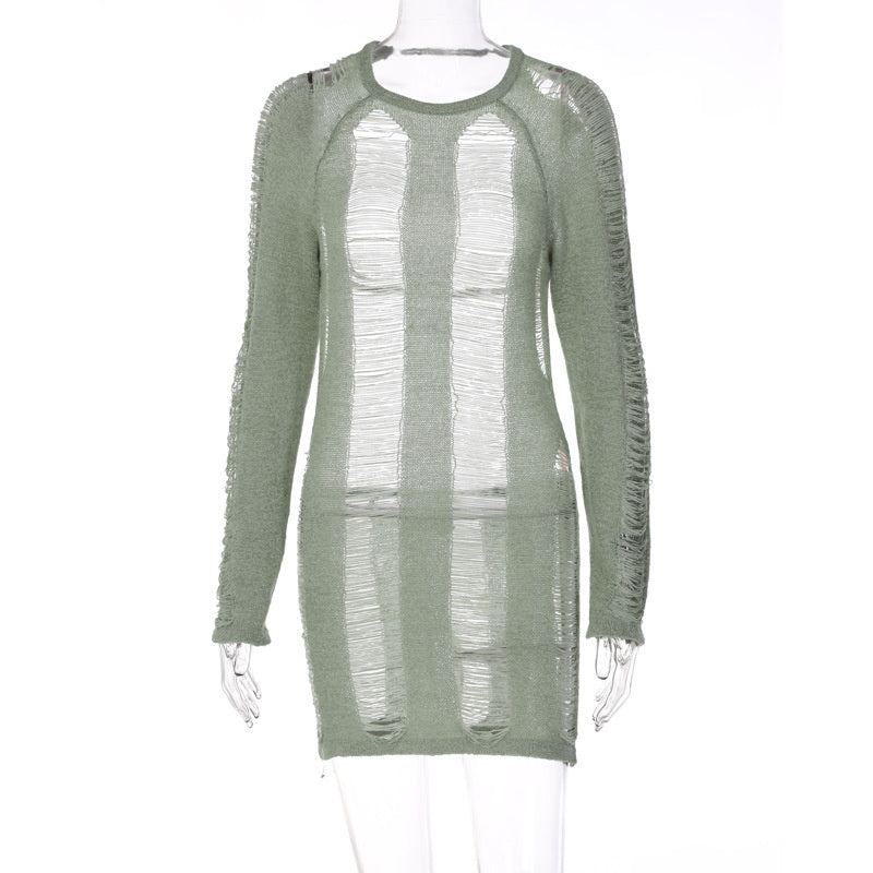 sixsr Fashion Trends Round Collar See Through Dress Women Sexy Long Sleeve Elegant Beachwear Hollow Out Backless Knitted Female Dress Summer
