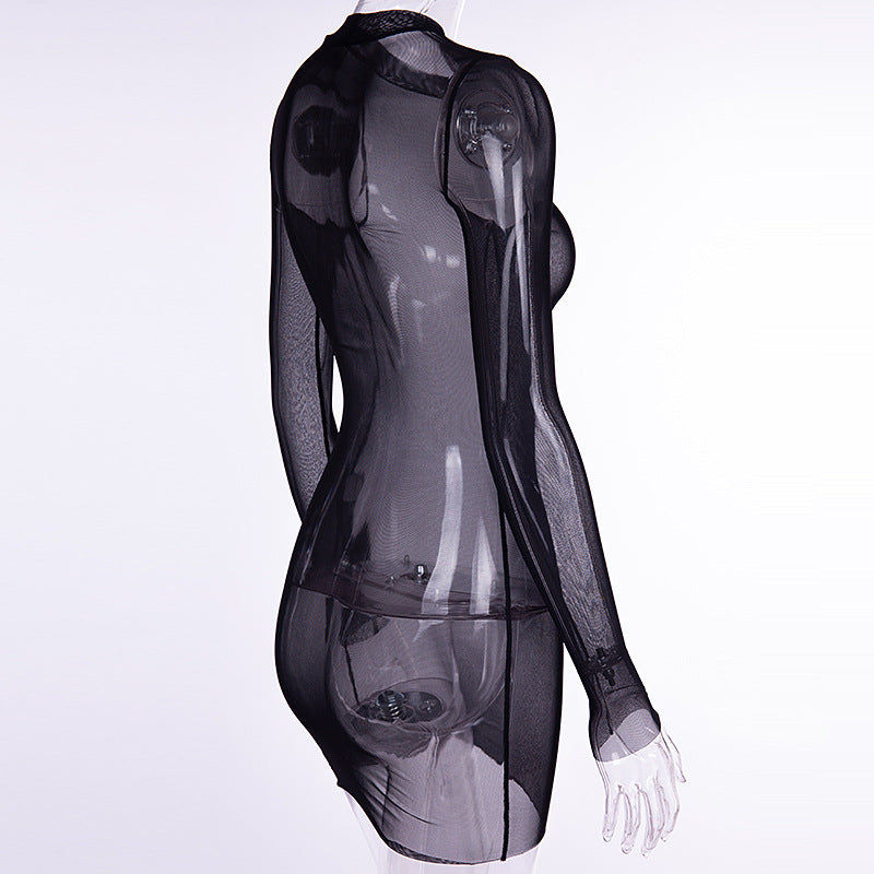 sixsr Summer Outfits Fashion Trends Sexy Women Dress Mesh See-through Long Sleeves Dress Slim Tight Backless Dress Party Clubwear Female Mini Dresses Black