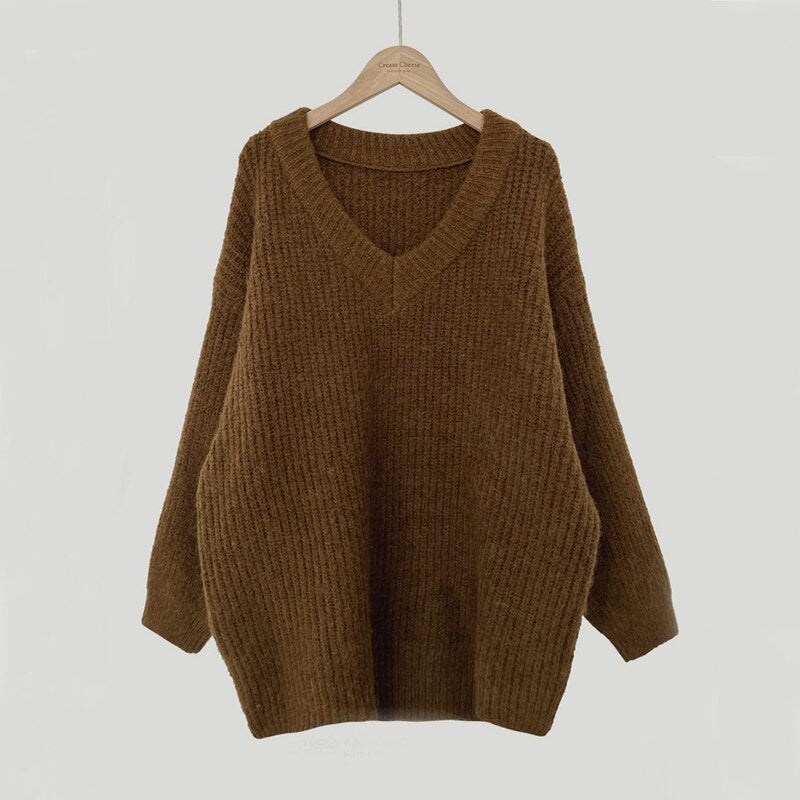 Green Oversized Sweaters for Women Fall Winter Korean Fashion Long Loose Pullovers V Neck Long Sleeve Jumpers