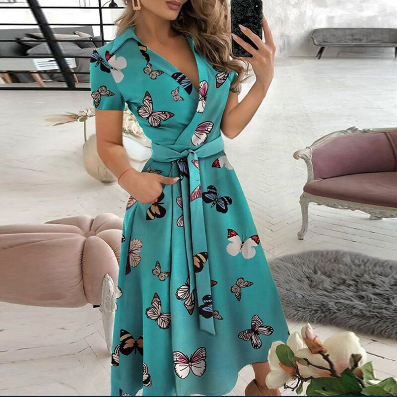 v neck long sleeve spring summer printed dress
