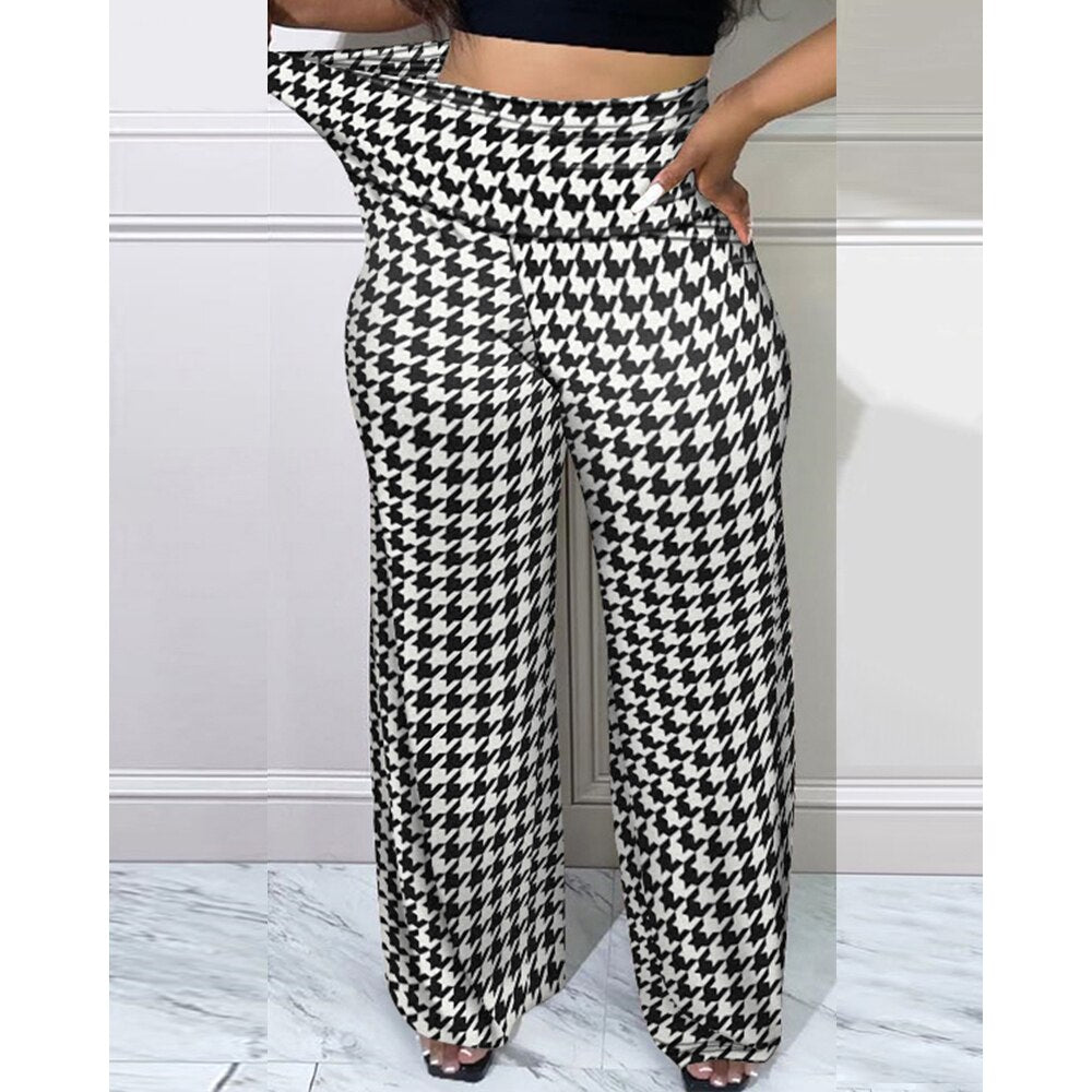 sixsr Women Houndstooth Print High Waist Pants Autumn Casual Long Pants Loungewear Women Clothes One Piece Suit Female