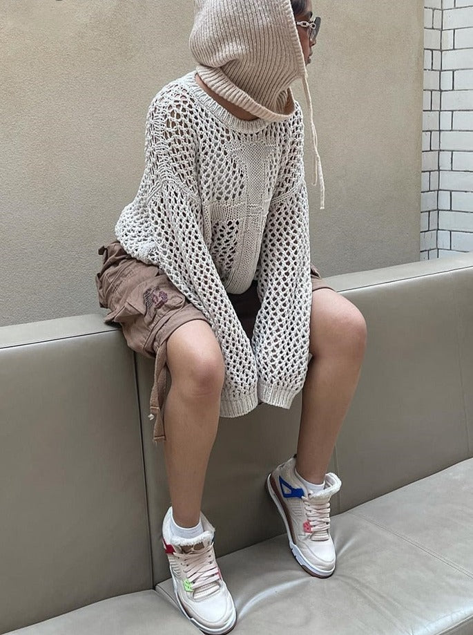 sixsr New Women's Fashion Y2K Harajuku Hollow Out Knit Pullovers Crewneck Vintage Top Fairycore Grunge Top Fashion Loose Retro Smock Sweater Summer Shirts