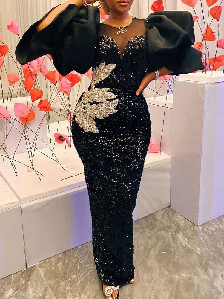 Sixsr Womens Fashion Women Black Long Dress Sequined Shiny Glitter Embroidered Chest Wrapped Puff Sleeve Classy Winter Fall Party Celebrity Birthday