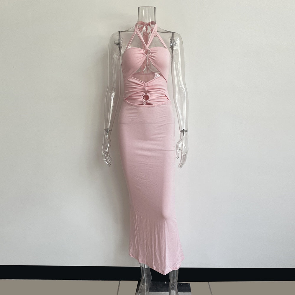 Sexy Hollow Out Corset Maxi Dress Party Dress Women Halter Cut Out Wrap Split Long Dresses Summer Backless Clubwear Midi Robe